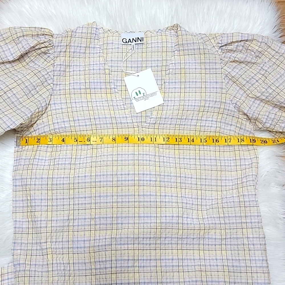 GANNI | Seersucker Pastel Checkered Puffy Sleeve Midi Dress EU 36 - Picture 11 of 14